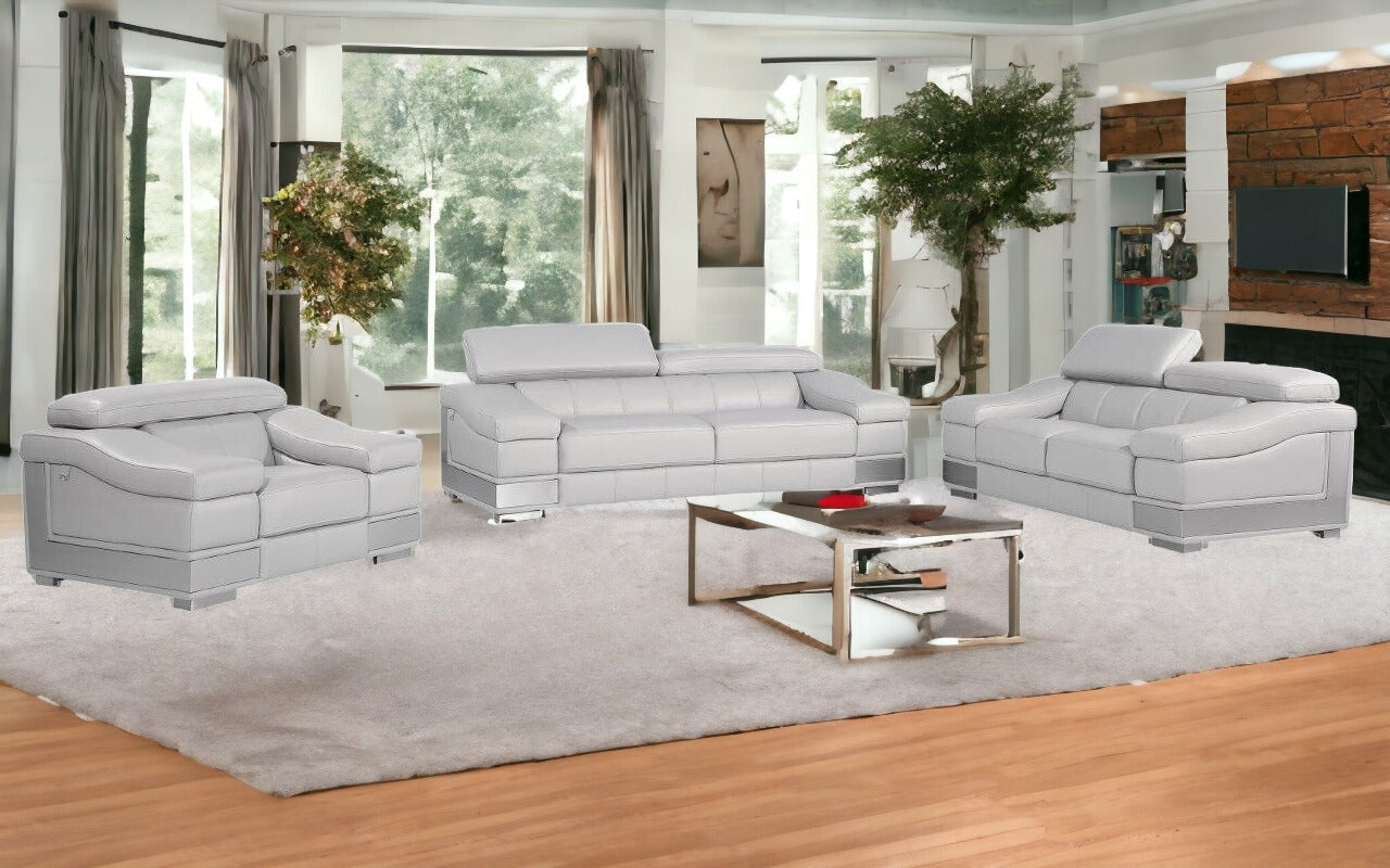 Three Piece Indoor Light Gray Italian Leather Six Person Seating Set-1