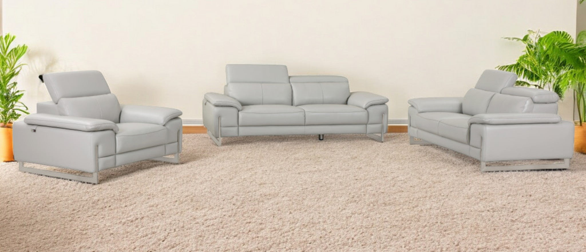 Three Piece Indoor Light Gray Italian Leather Six Person Seating Set-0