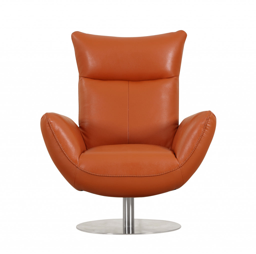 37" Orange And Silver Genuine Leather Lounge Chair-0