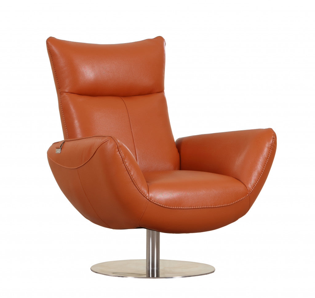 37" Orange And Silver Genuine Leather Lounge Chair-2
