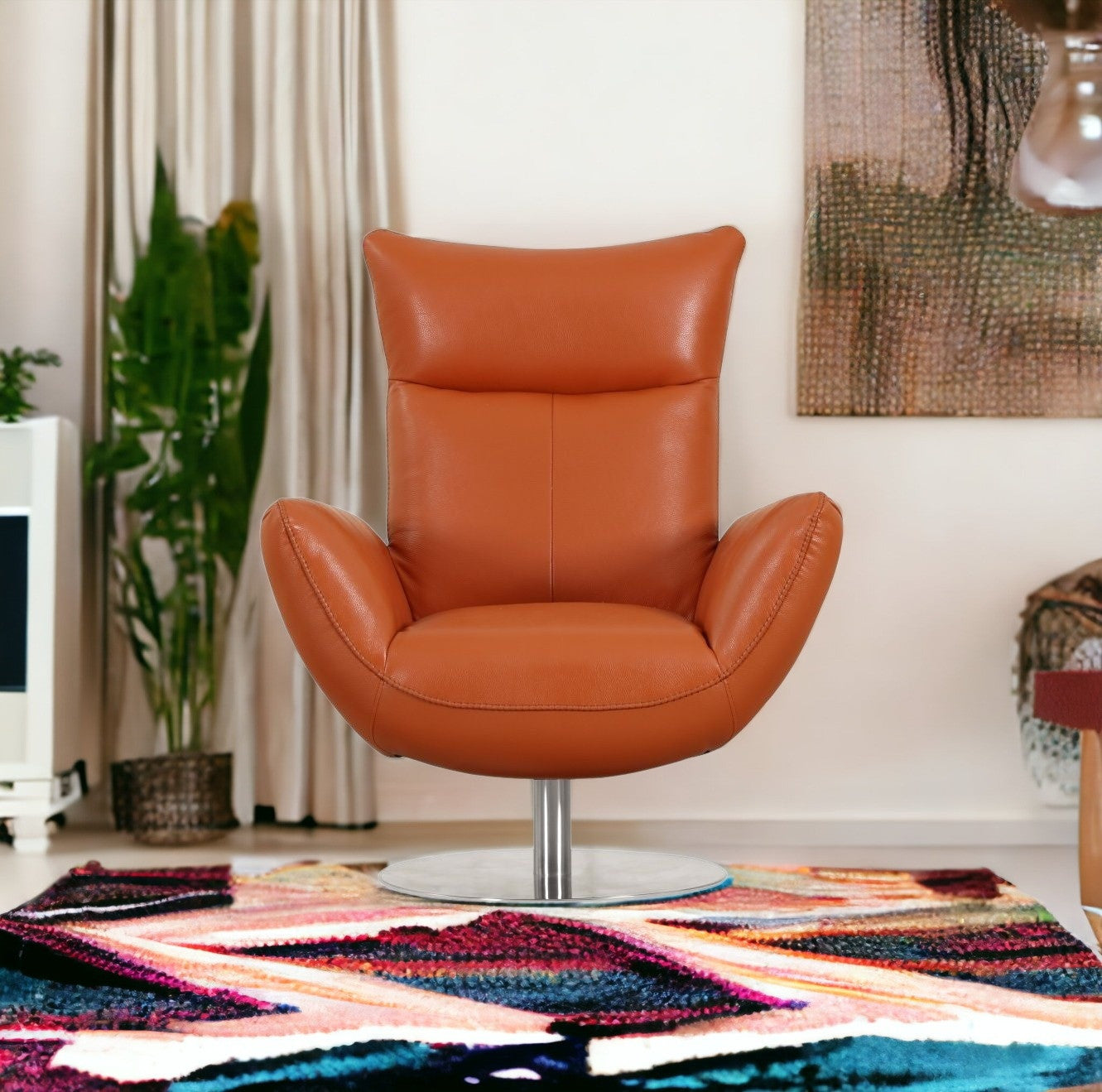 37" Orange And Silver Genuine Leather Lounge Chair-1