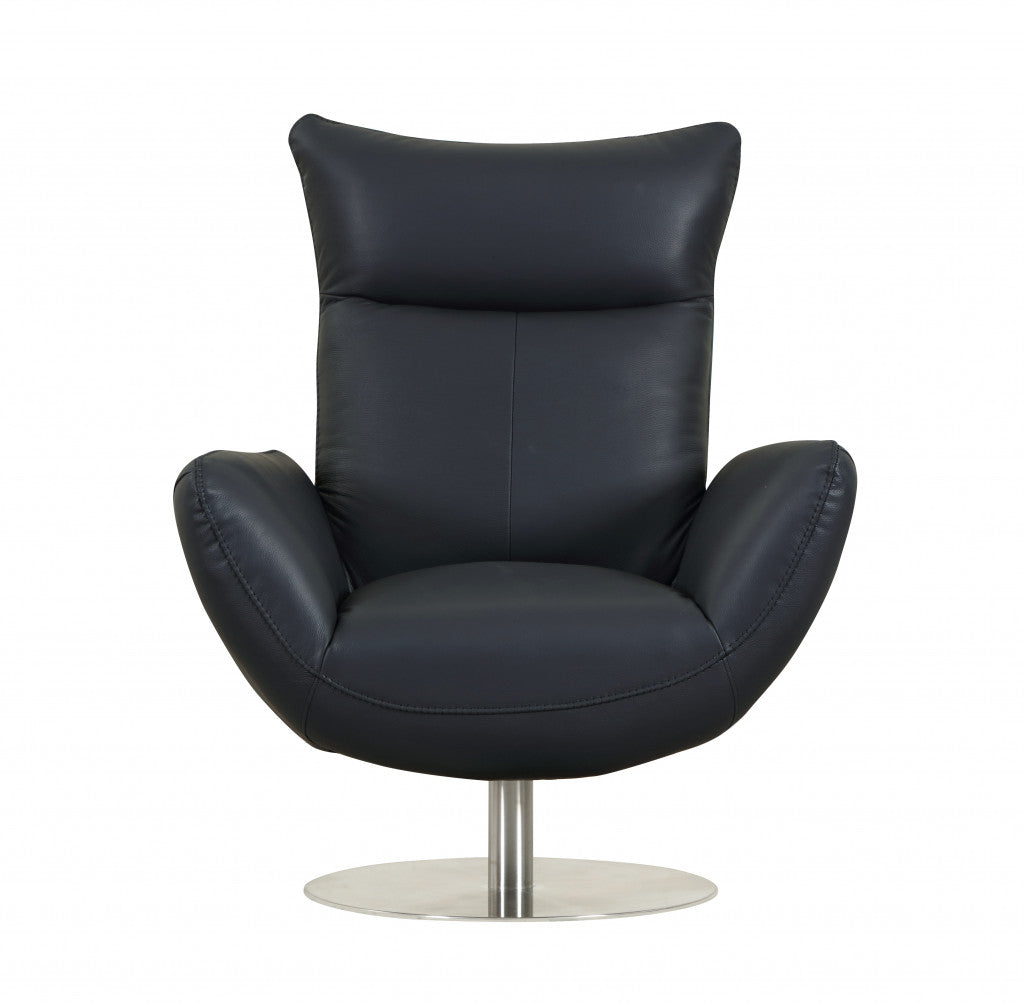 37" Blue And Silver Genuine Leather Lounge Chair-0