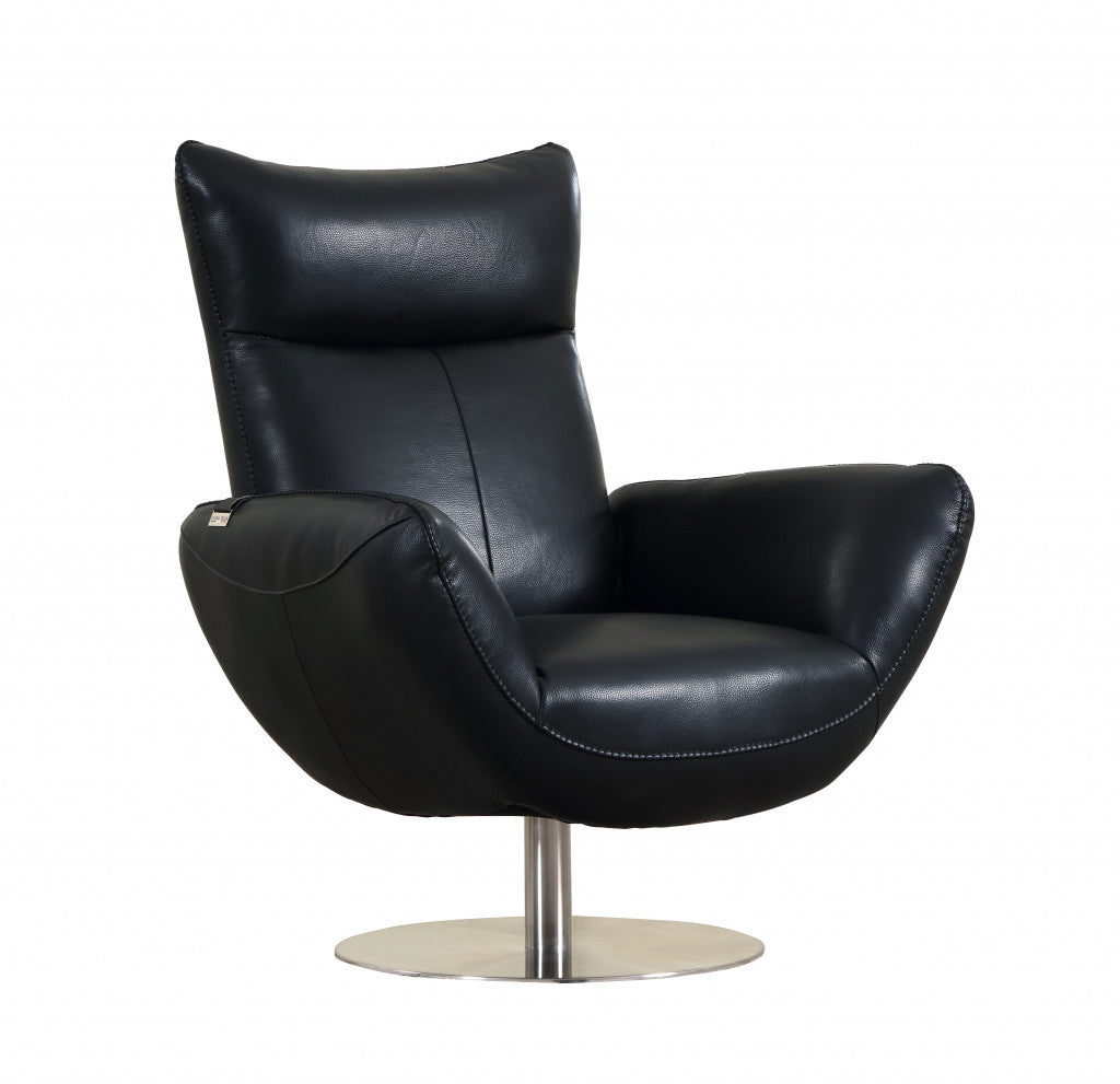 37" Black And Silver Genuine Leather Lounge Chair-2
