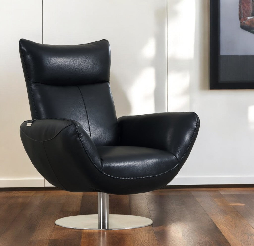 37" Black And Silver Genuine Leather Lounge Chair-0
