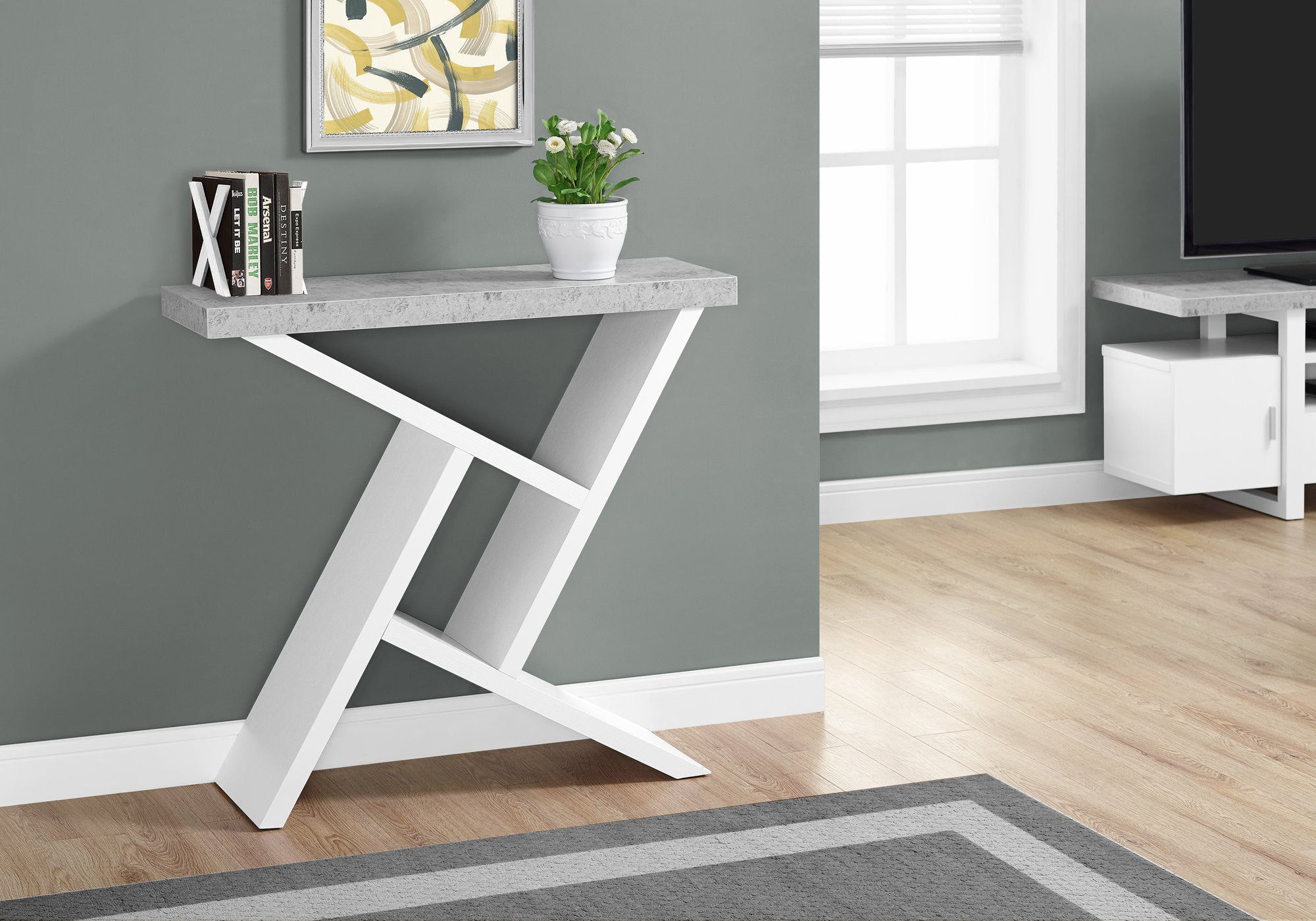 36" Gray and White Abstract Console Table With Shelves-7