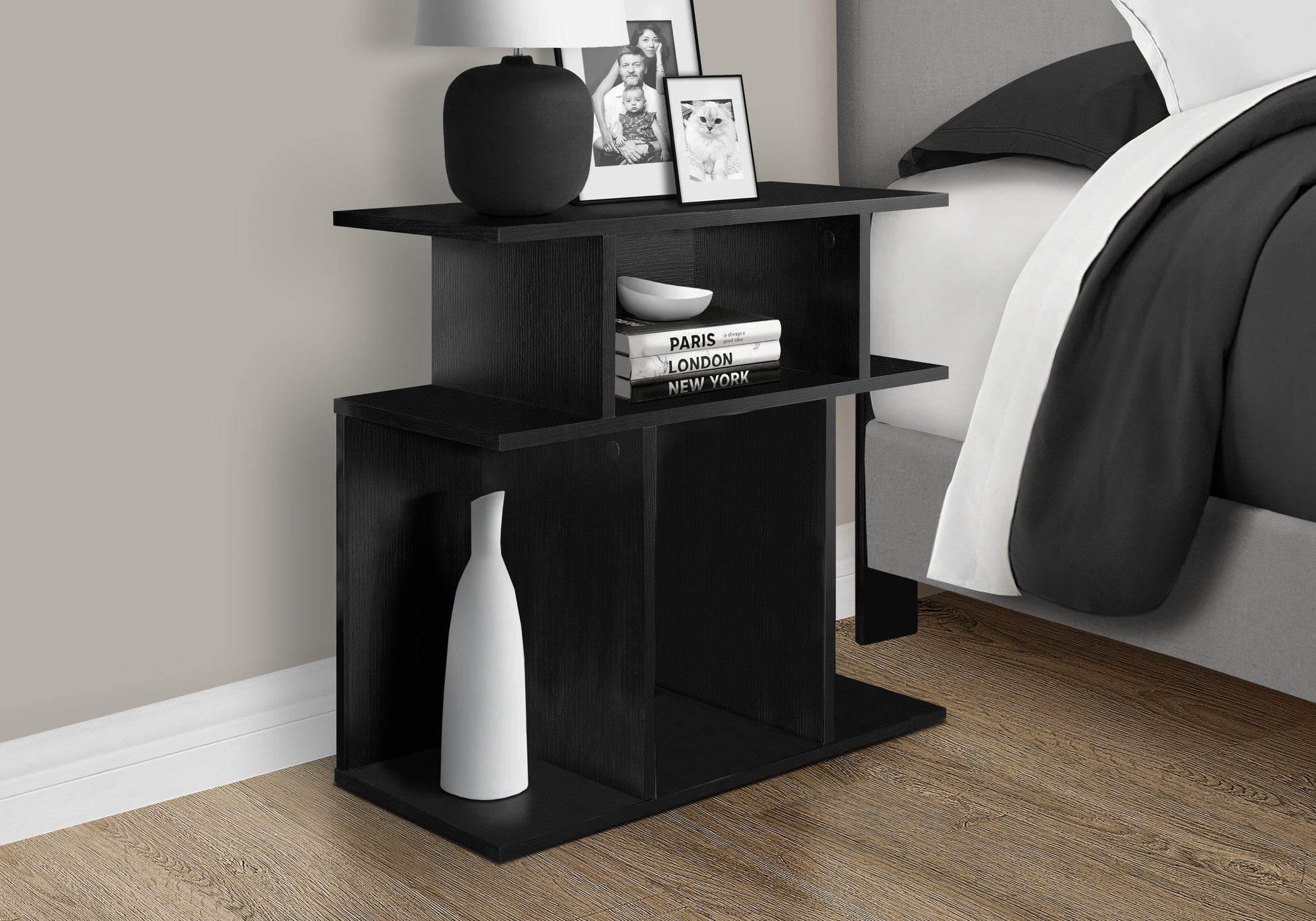 24" Black Wood End Table With Six Open Shelves-5