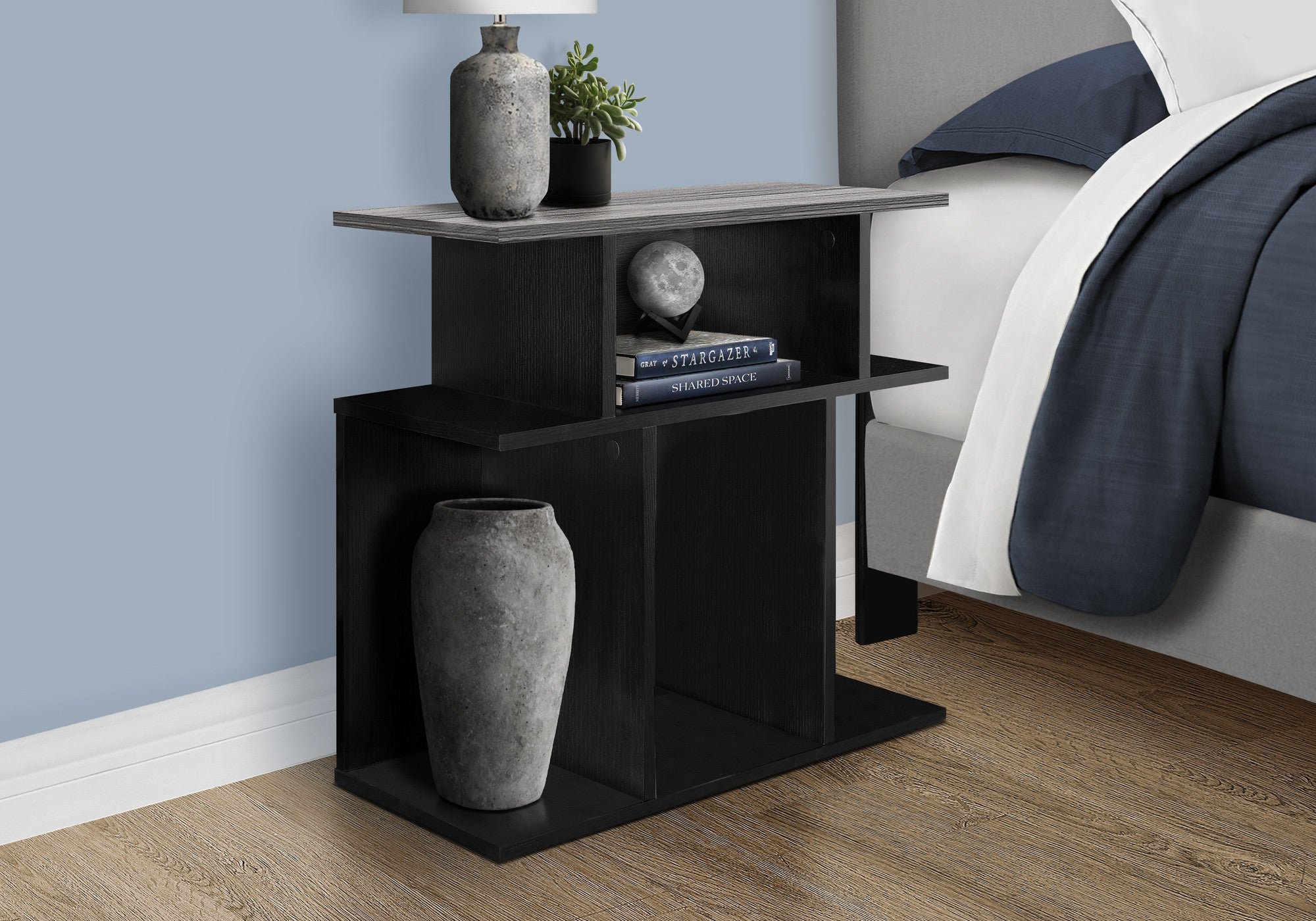 24" Gray and Black Wood Floor Shelf End Table With 6-5
