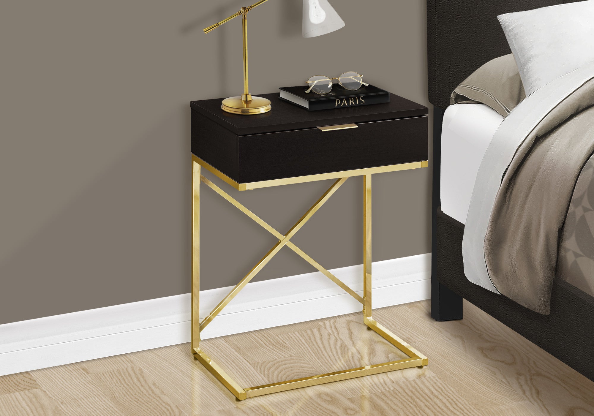24" Gold And Black Wood And Metal End Table With Drawer-4