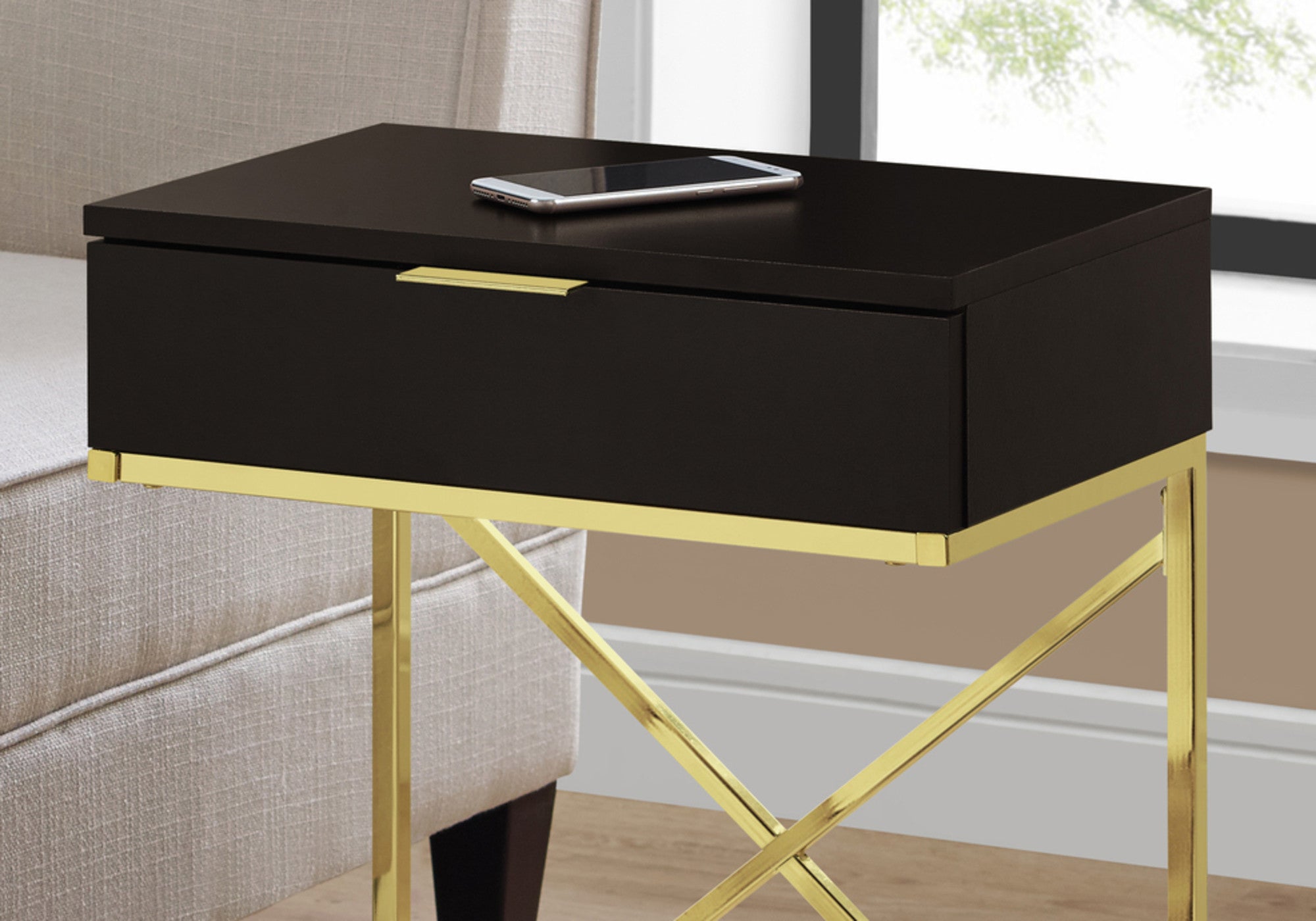 24" Gold And Black Wood And Metal End Table With Drawer-5