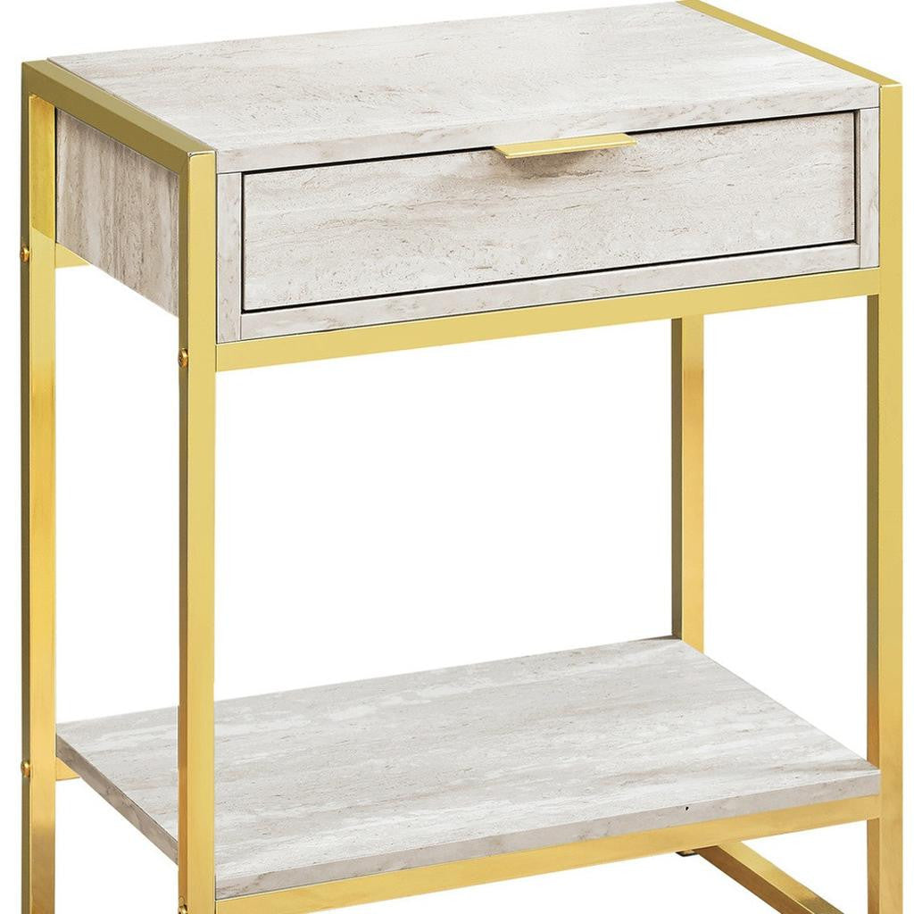 24" Gold And Beige Wood And Metal End Table With Drawer And Shelf-3
