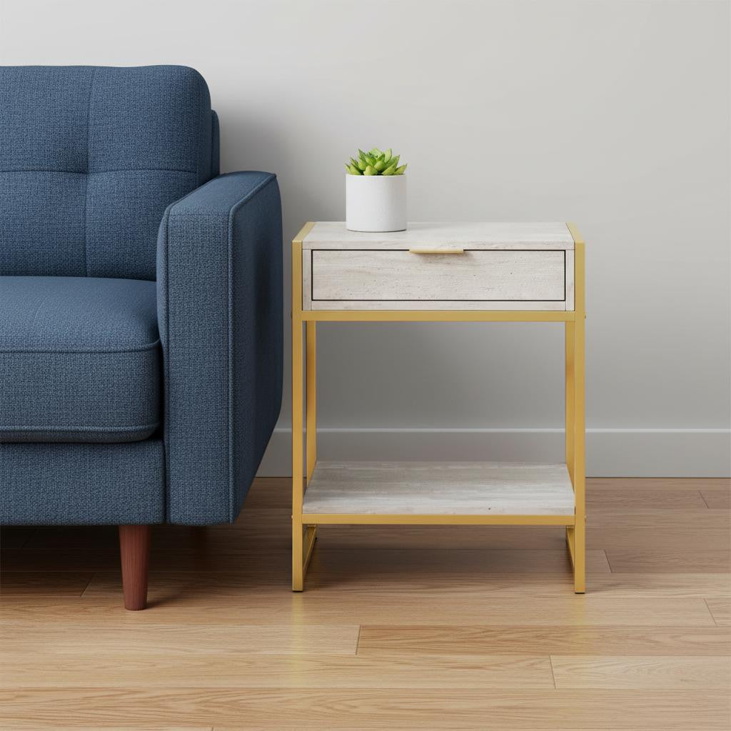 24" Gold And Beige Wood And Metal End Table With Drawer And Shelf-0