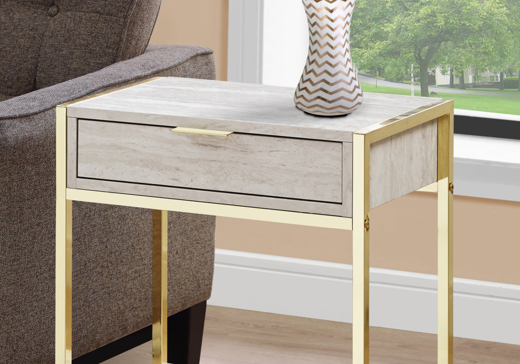 24" Gold And Beige Wood And Metal End Table With Drawer And Shelf-6