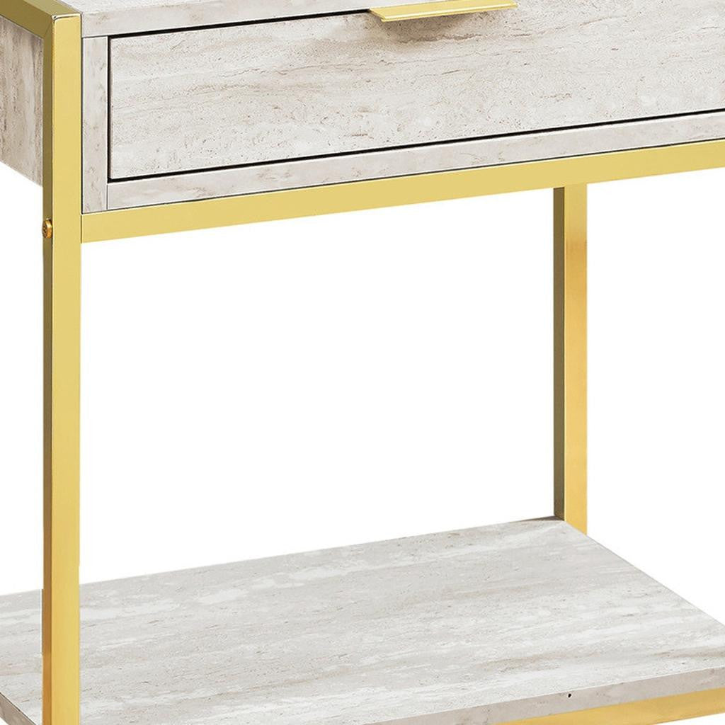 24" Gold And Beige Wood And Metal End Table With Drawer And Shelf-2