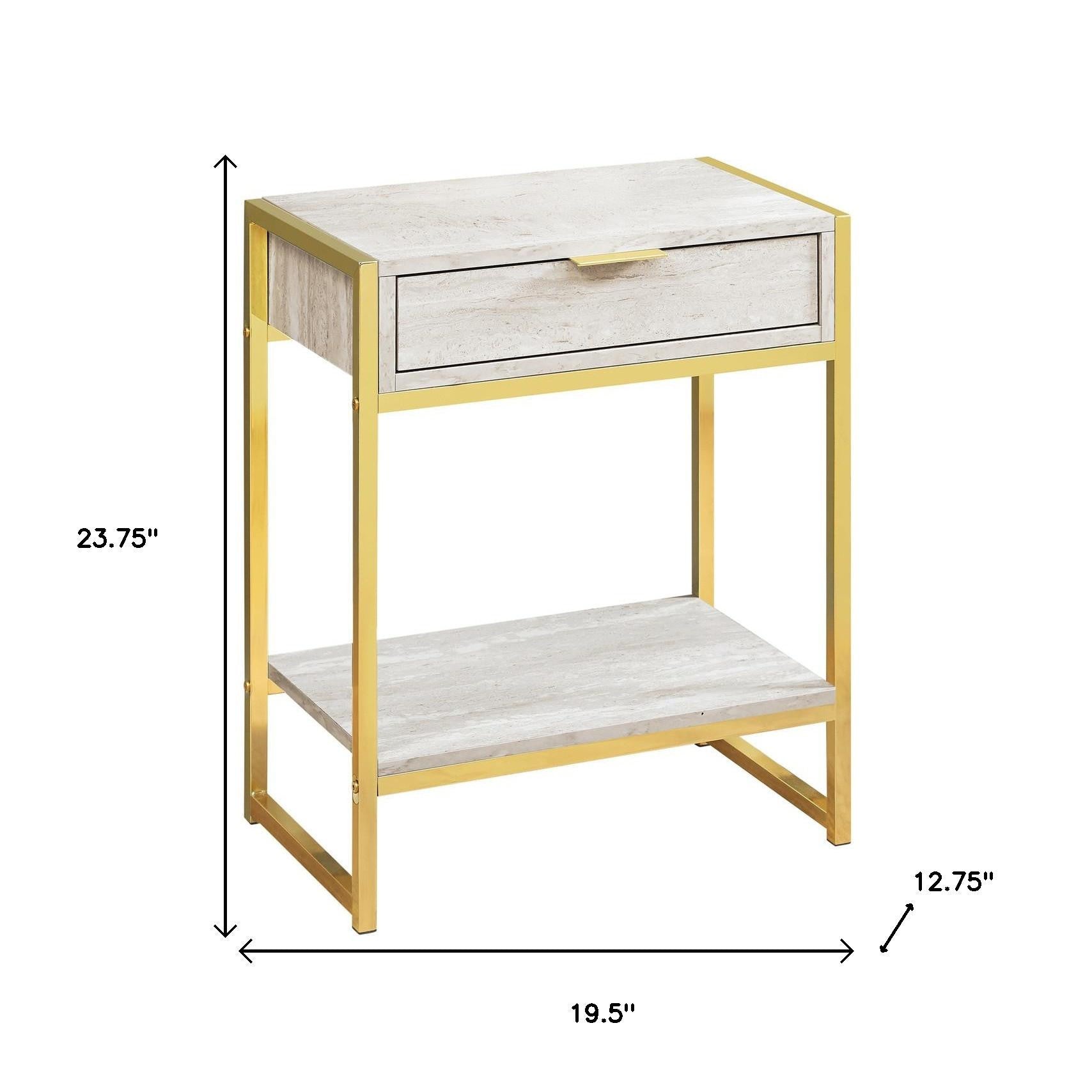 24" Gold And Beige Wood And Metal End Table With Drawer And Shelf-7