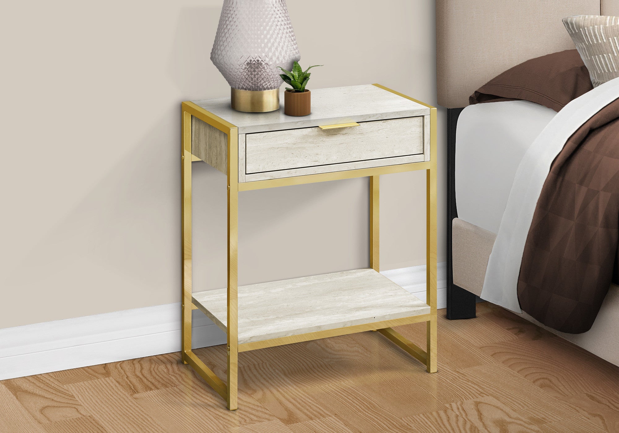 24" Gold And Beige Wood And Metal End Table With Drawer And Shelf-4