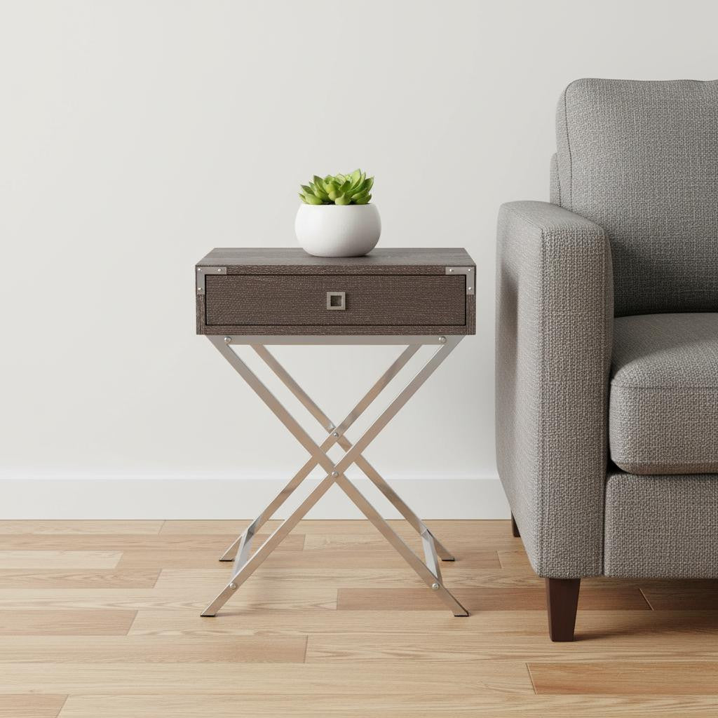 24" Silver And Deep Taupe Wood And Metal End Table With Drawer-0