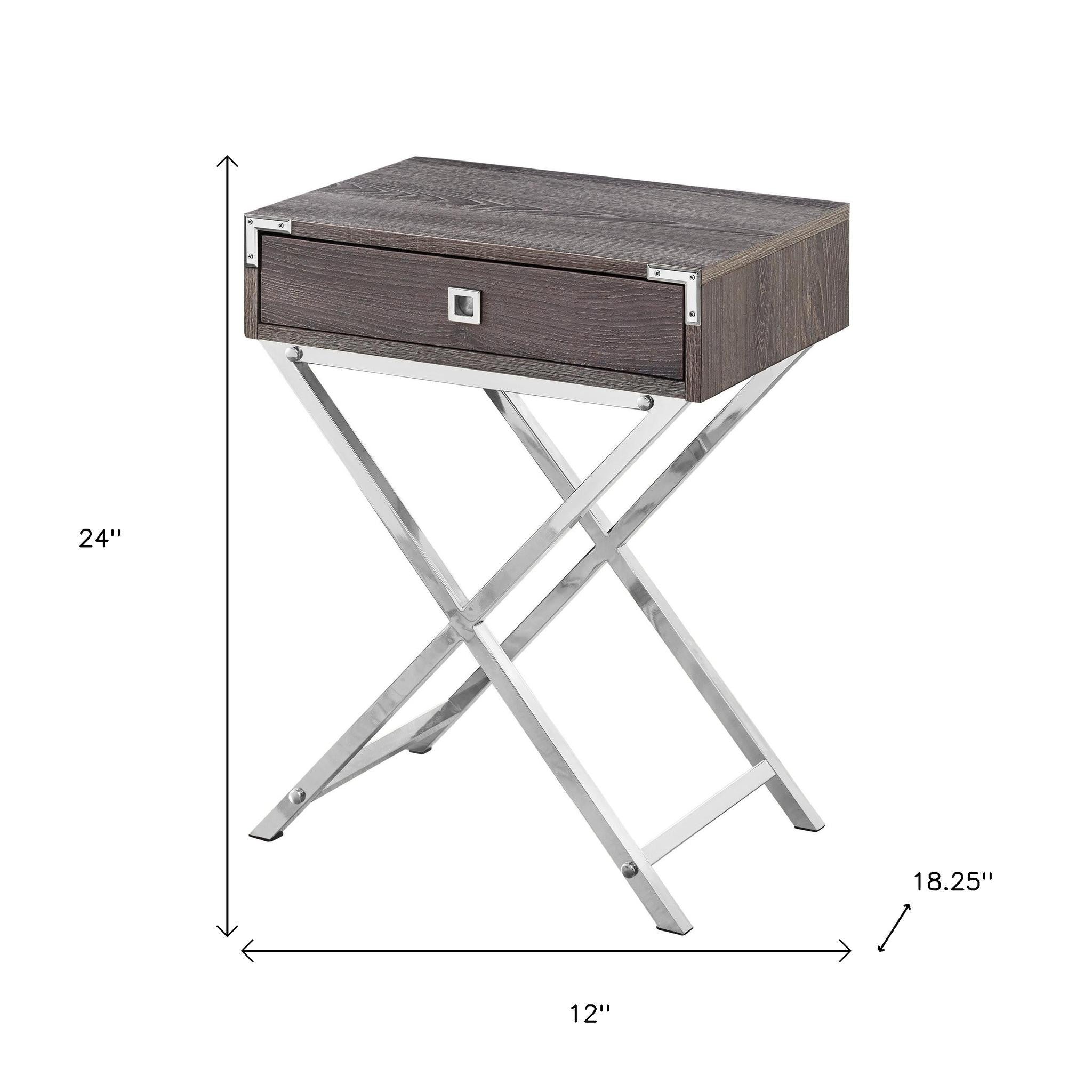 24" Silver And Deep Taupe Wood And Metal End Table With Drawer-7