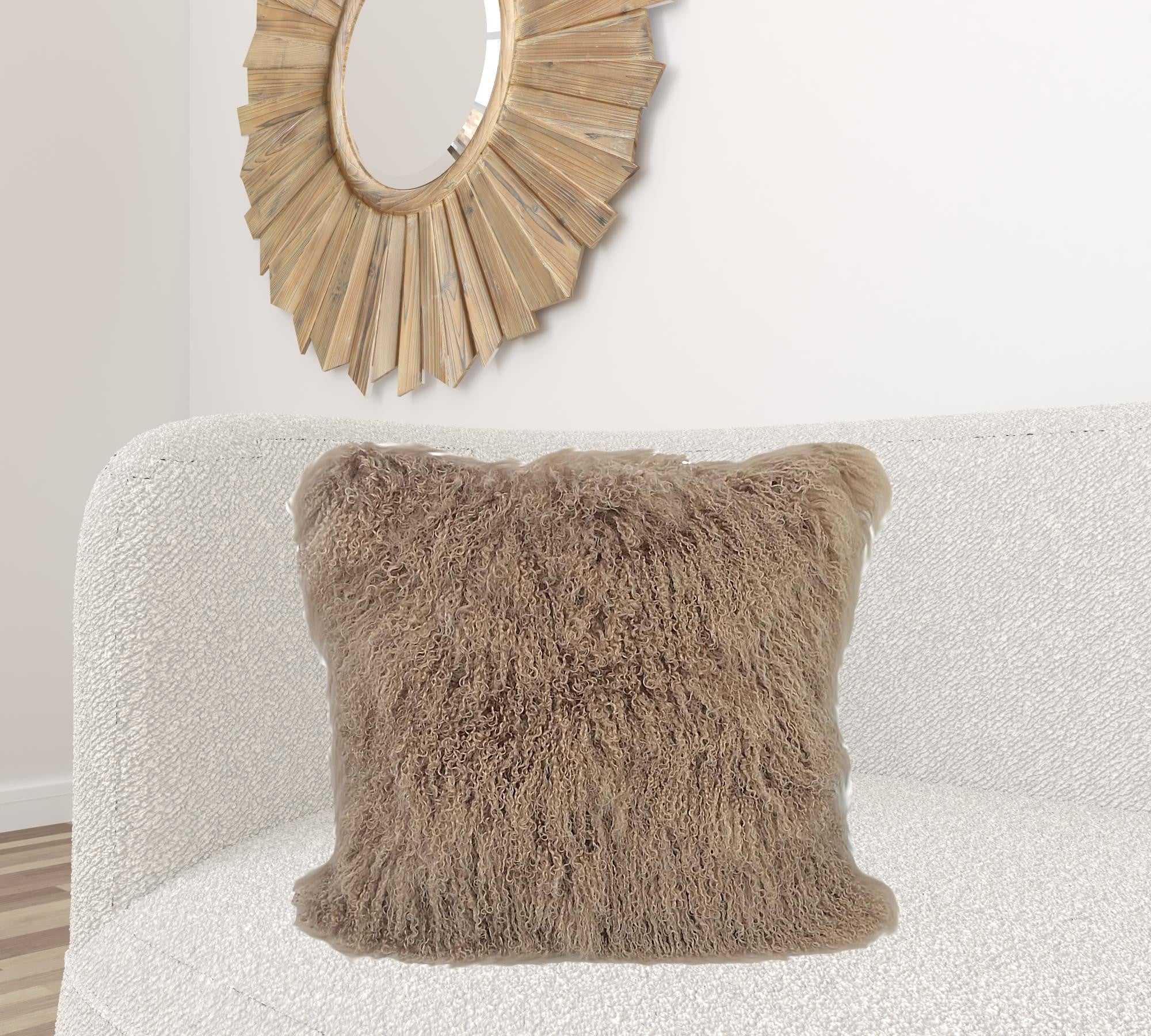 24" Beige Genuine Tibetan Lamb Fur Pillow With Microsuede Backing-1