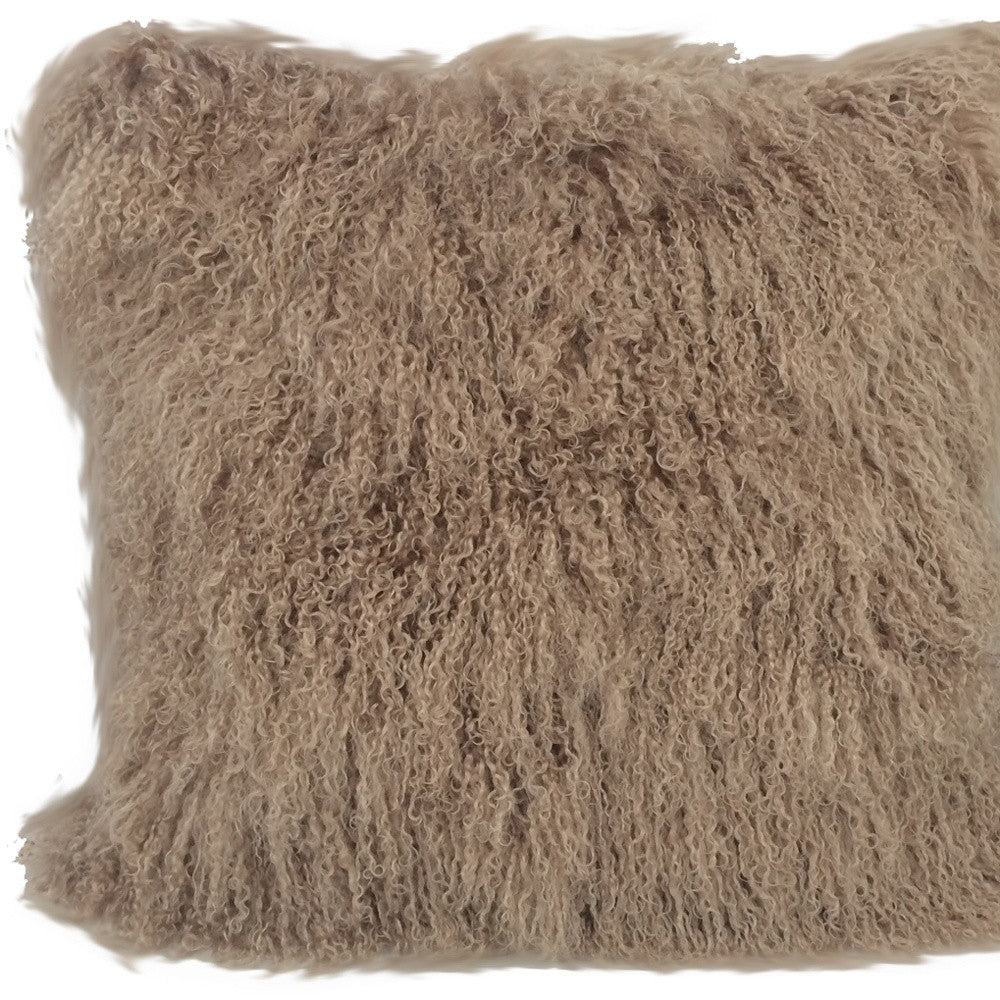 24" Beige Genuine Tibetan Lamb Fur Pillow With Microsuede Backing-3