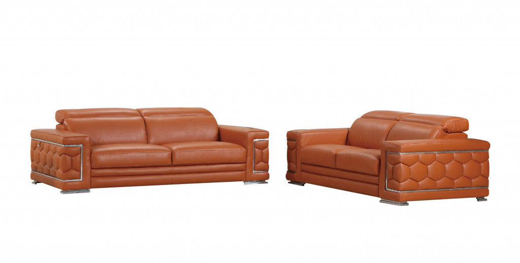 Two Piece Indoor Camel Italian Leather Five Person Seating Set-5