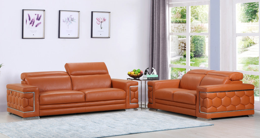 Two Piece Indoor Camel Italian Leather Five Person Seating Set-8