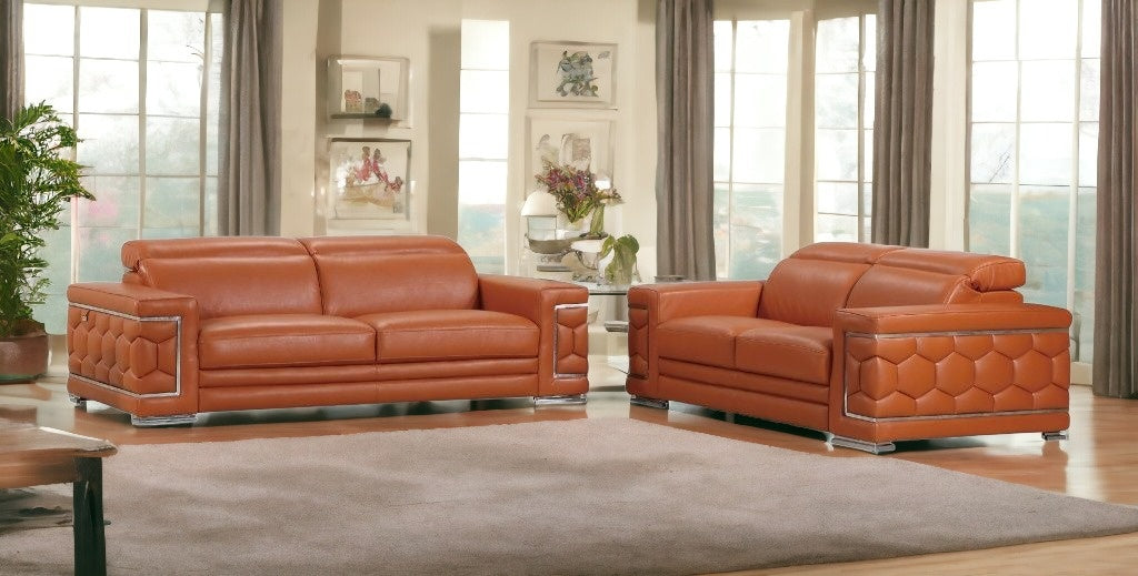 Two Piece Indoor Camel Italian Leather Five Person Seating Set-1