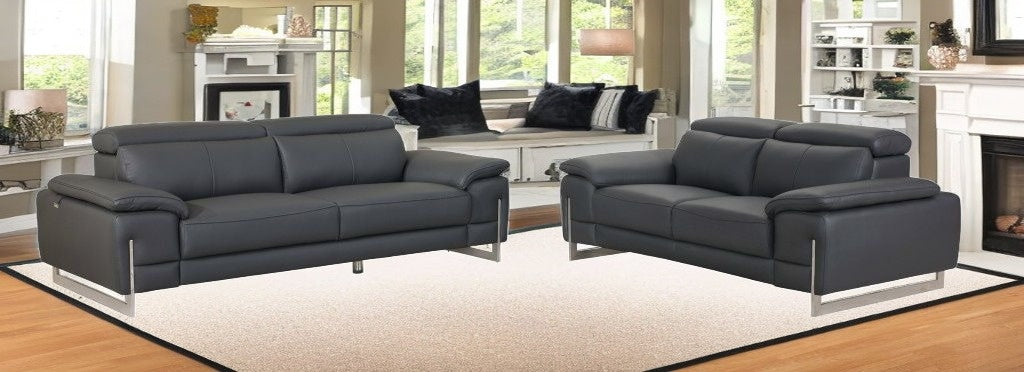 Two Piece Indoor Dark Gray Italian Leather Five Person Seating Set-1