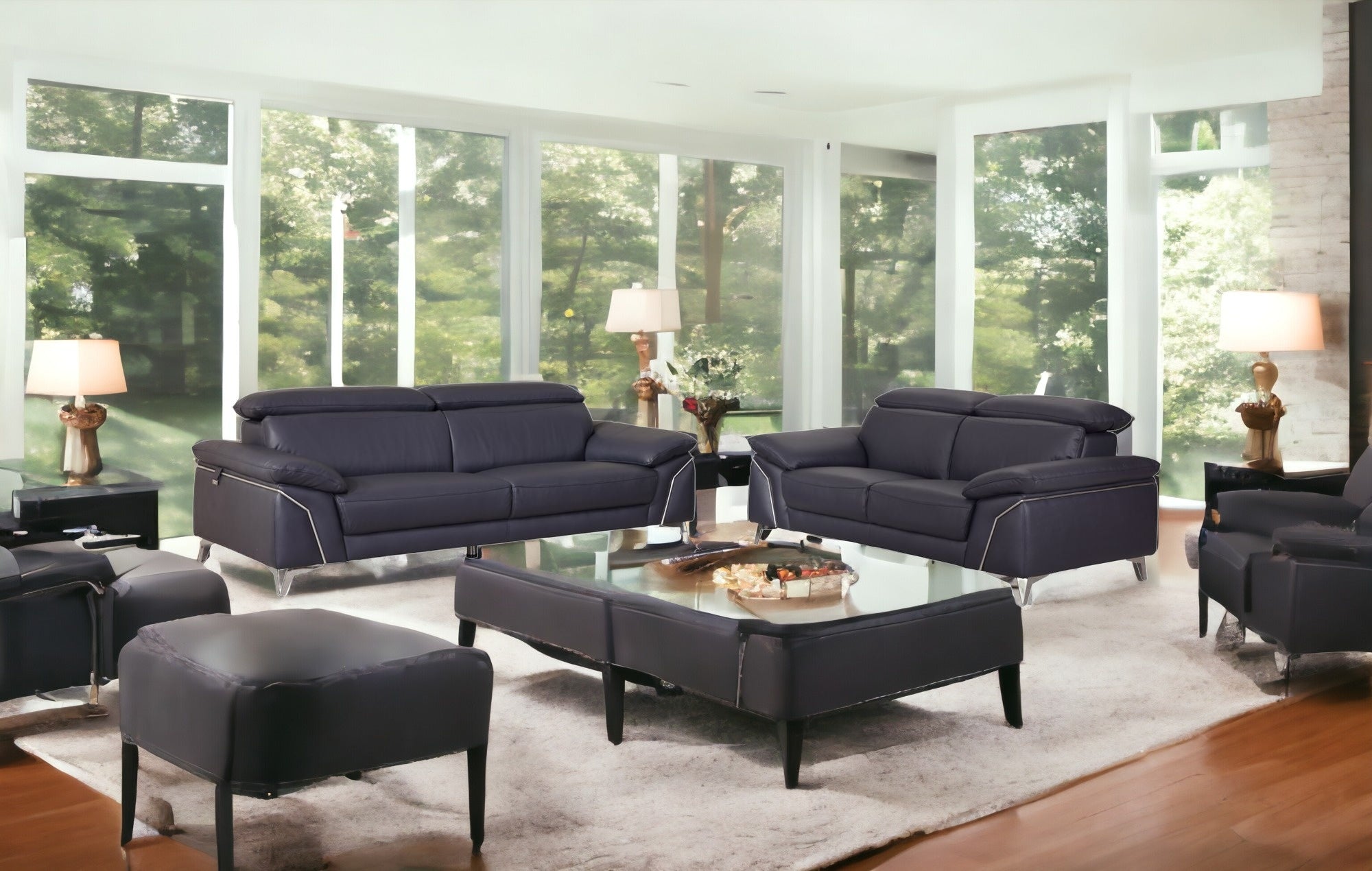 Two Piece Indoor Blue Italian Leather Five Person Seating Set-1