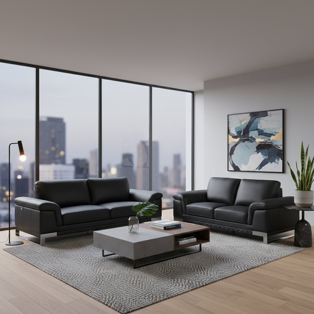 Two Piece Indoor Black Italian Leather Five Person Seating Set-0