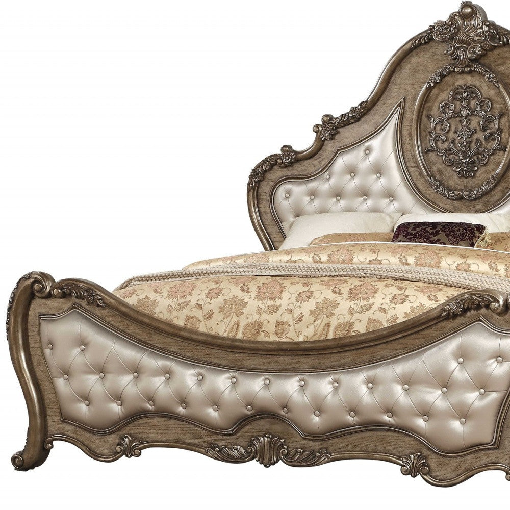 Queen Tufted Bronze Upholstered Faux Leather Bed With Nailhead Trim-3