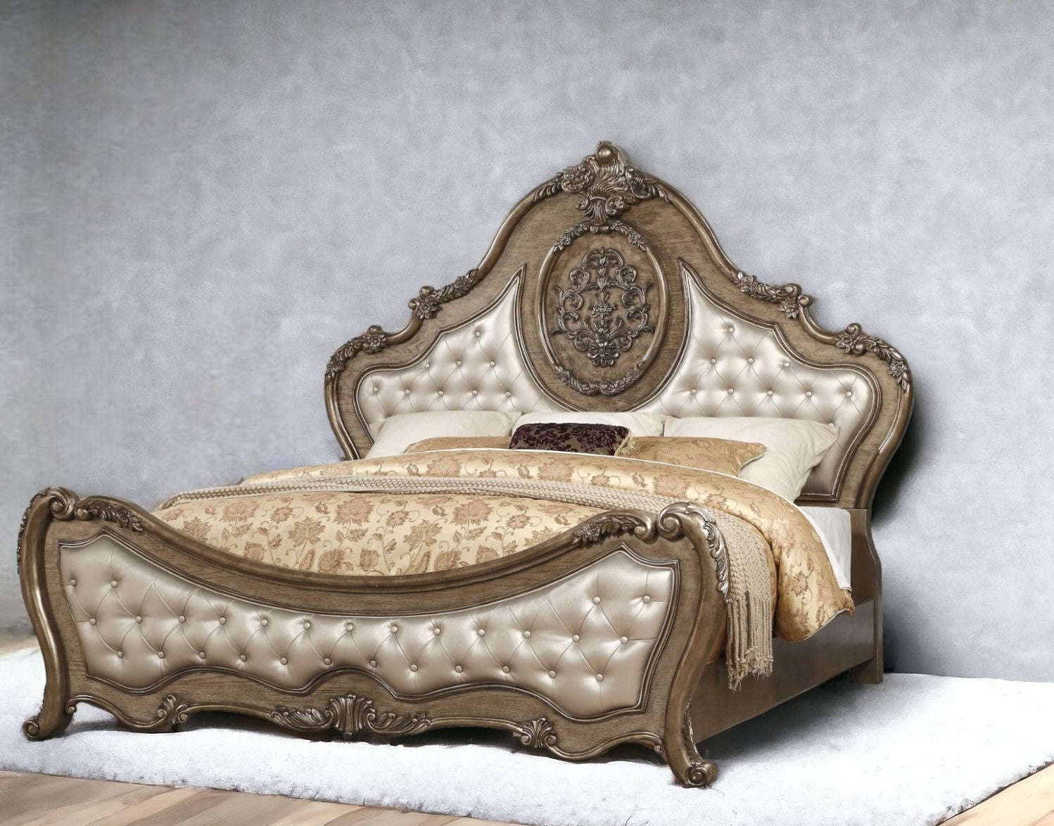 Queen Tufted Bronze Upholstered Faux Leather Bed With Nailhead Trim-1