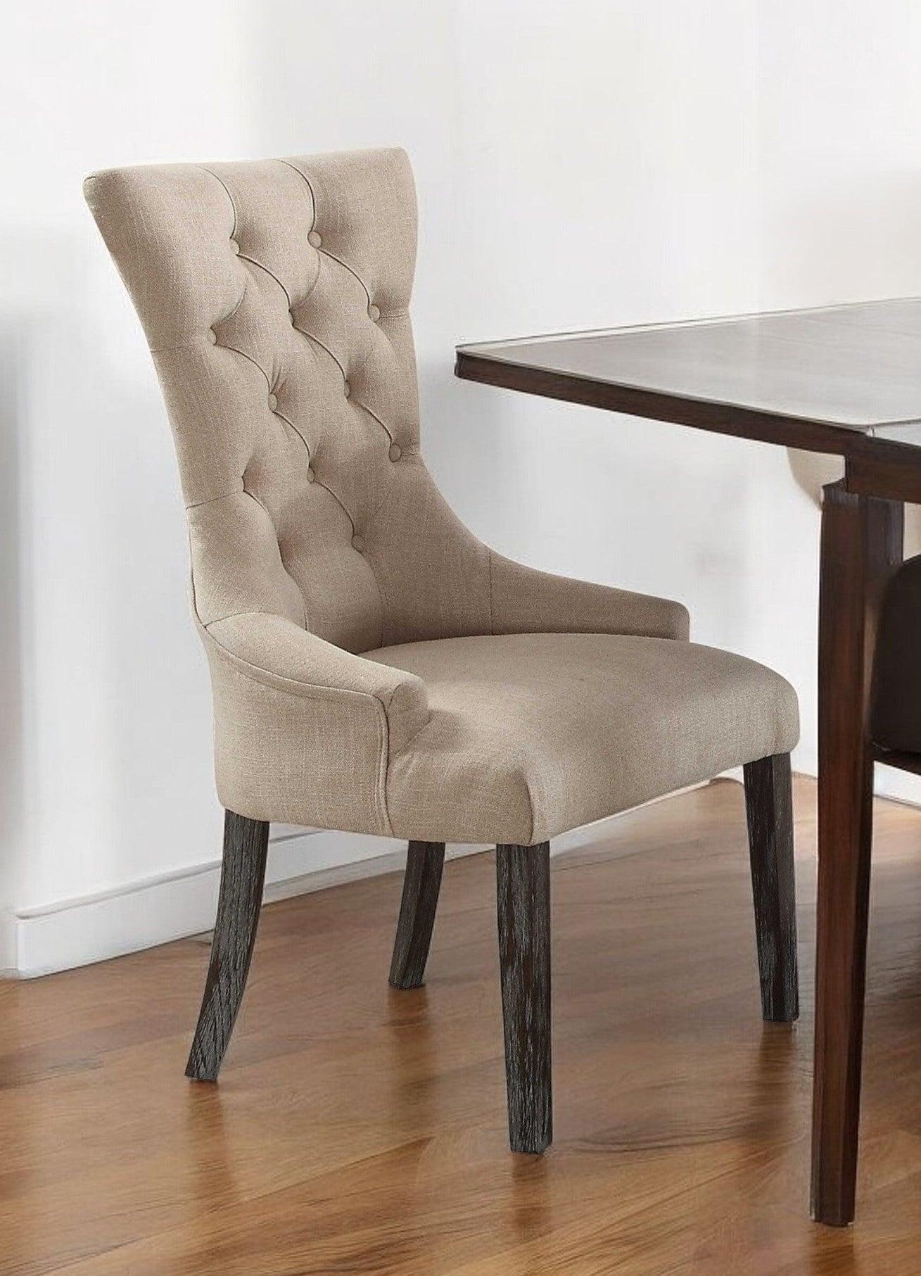 Set of Two 28" Beige and Dark Brown Linen Tufted Parsons Chair-1