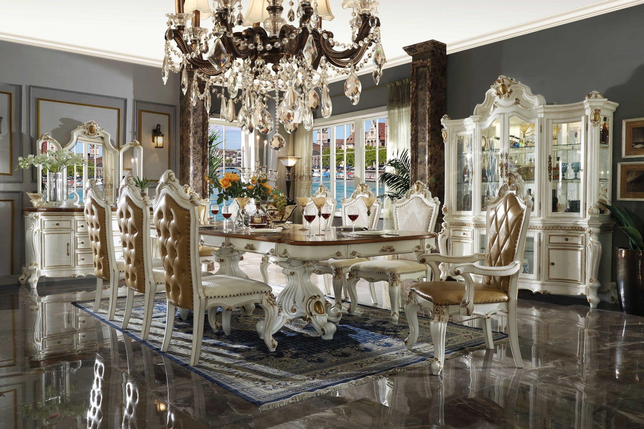 Set of Two 27" Beige and White Faux Leather Damask Side Chair-4