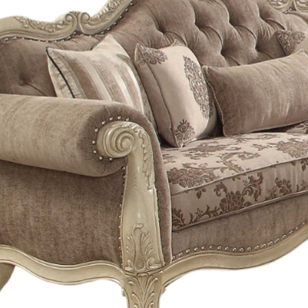 35" Gray Velvet Floral Sofa And Toss Pillows With Beige Legs-3