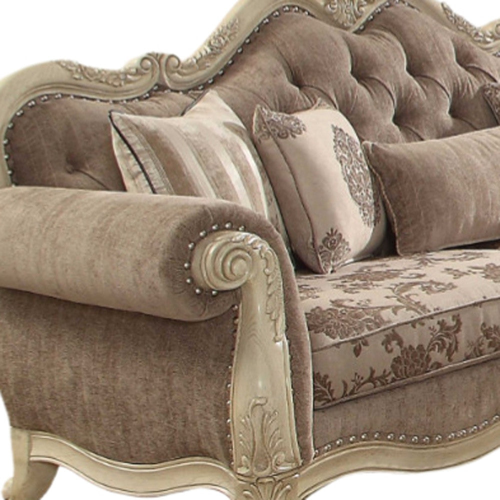 35" Gray Velvet Floral Sofa And Toss Pillows With Beige Legs-2