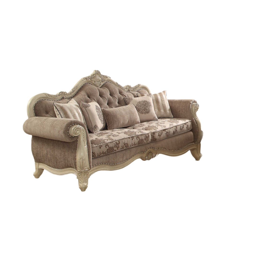35" Gray Velvet Floral Sofa And Toss Pillows With Beige Legs-0