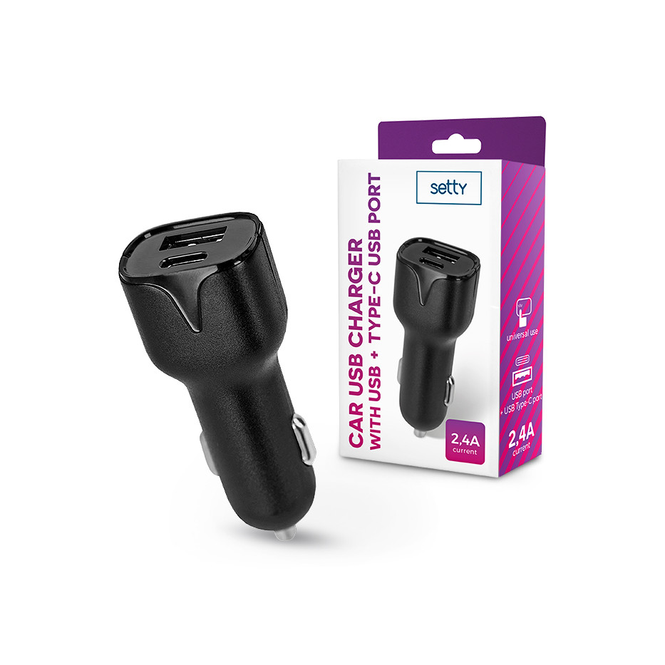 Setty USB + Type-C адаптер за зарядно за запалка - Setty Car USB Charger with USB + Type-C Ports - 5V/2.4A - черен (TF-0026)-0