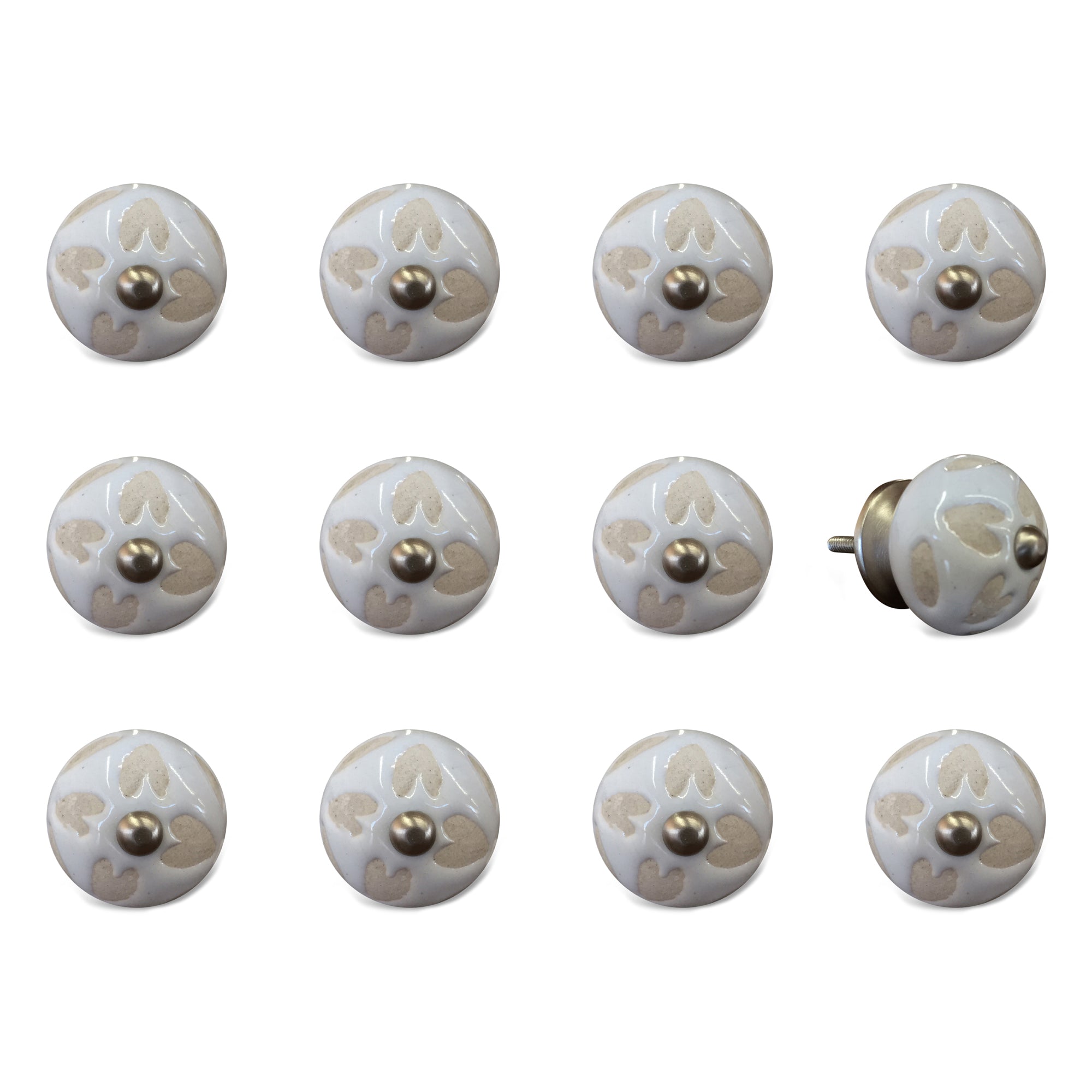 Set of Twelve Beige And White Floral Ceramic Drawer Pull Knobs-1