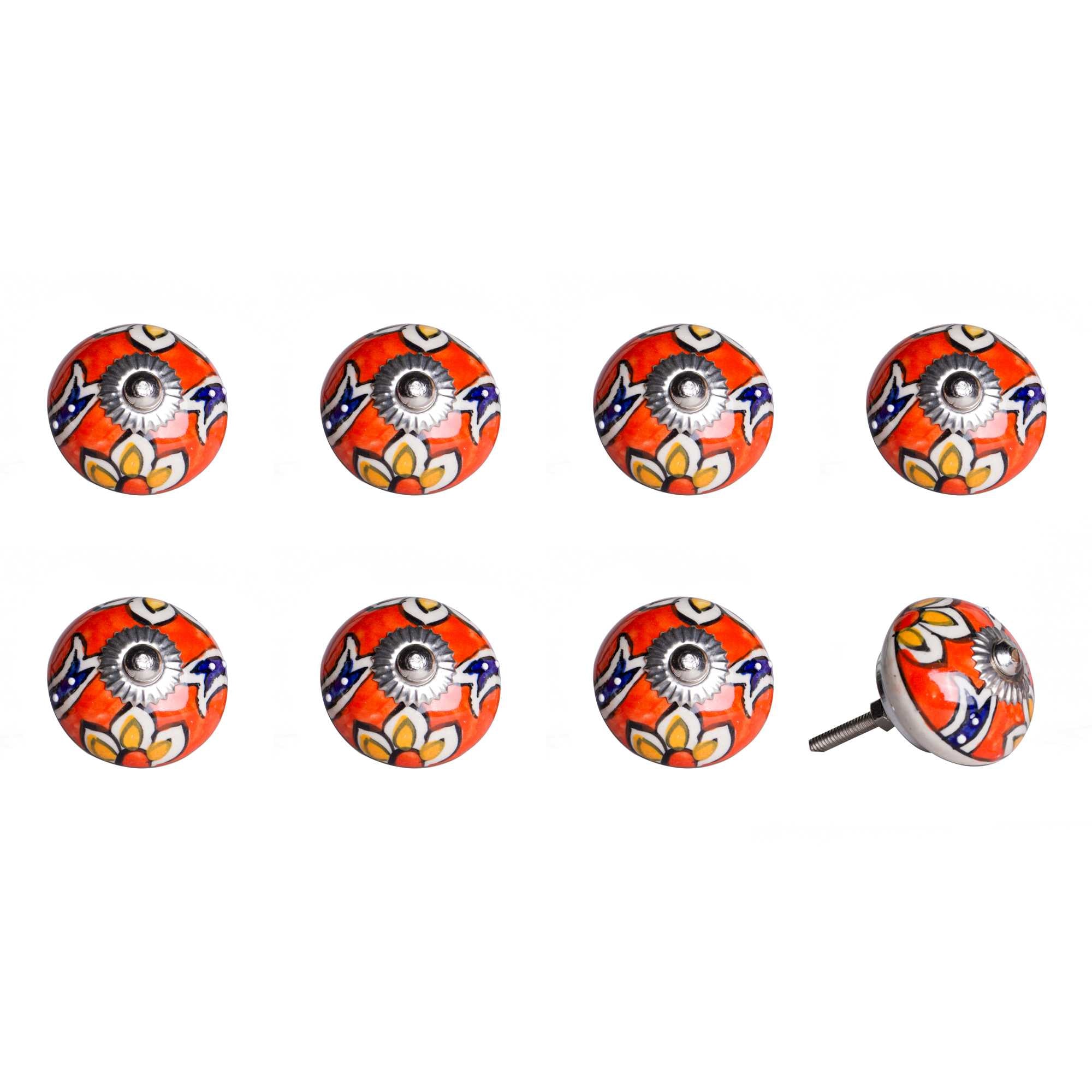 Set of Eight Orange And White Floral Ceramic Drawer Pull Knobs-1
