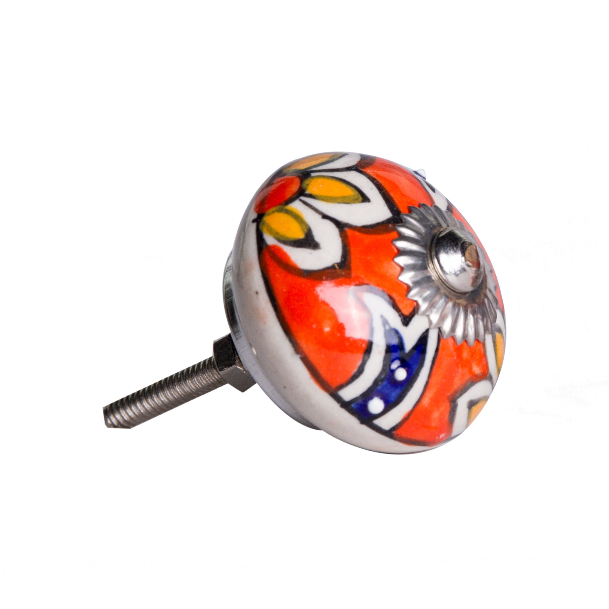 Set of Eight Orange And White Floral Ceramic Drawer Pull Knobs-3