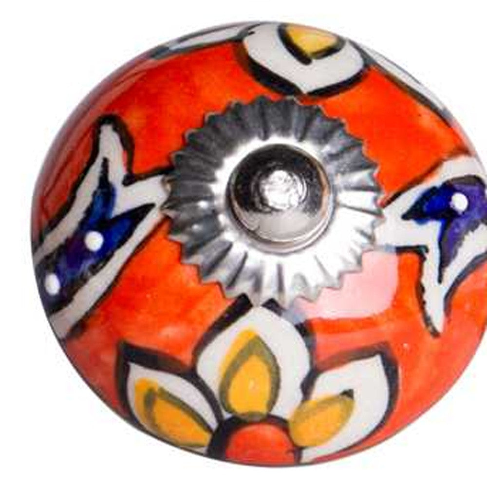 Set of Eight Orange And White Floral Ceramic Drawer Pull Knobs-4