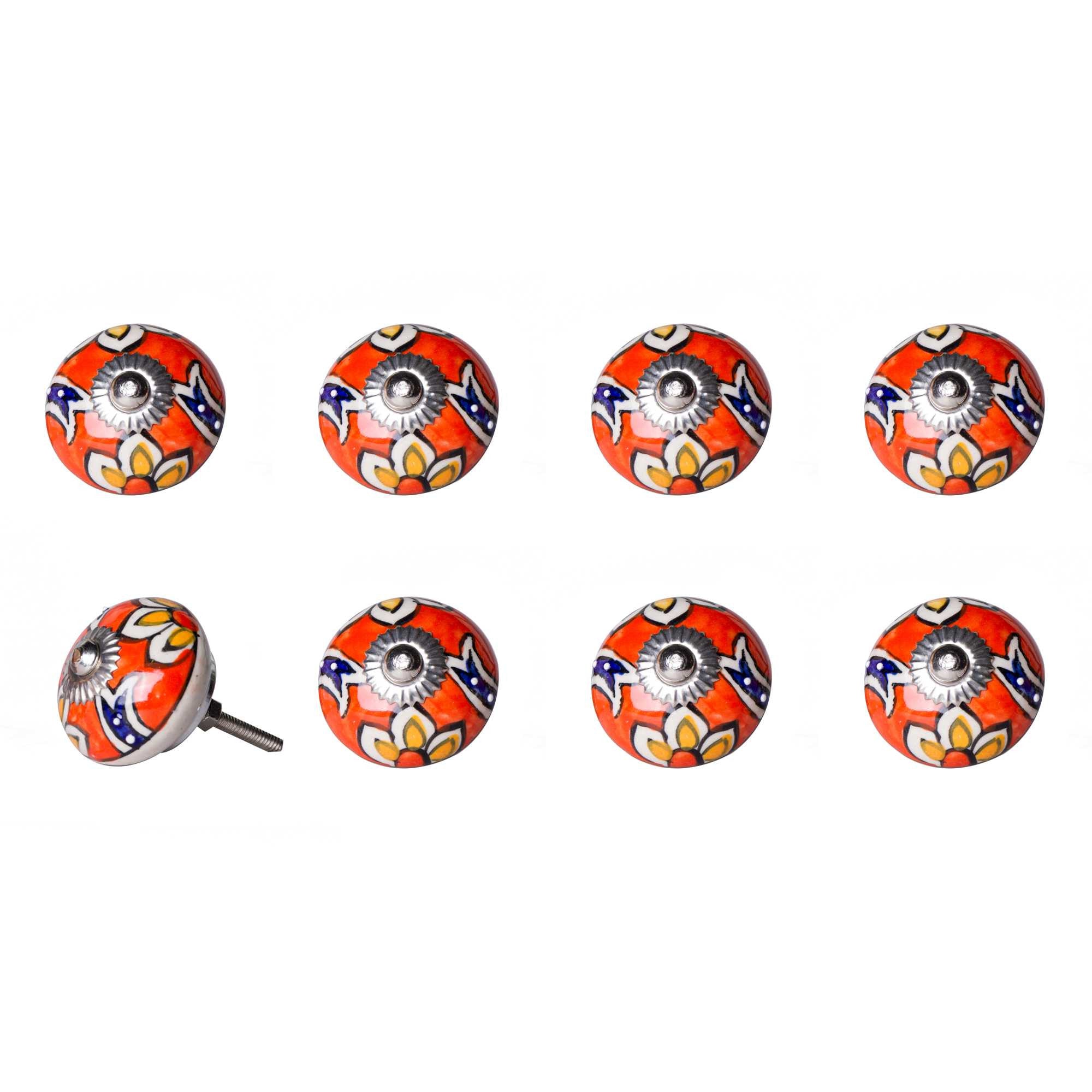 Set of Eight Orange And White Floral Ceramic Drawer Pull Knobs-5
