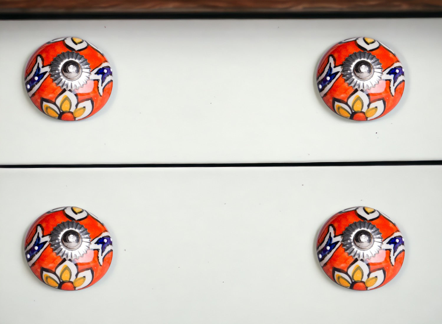 Set of Eight Orange And White Floral Ceramic Drawer Pull Knobs-0