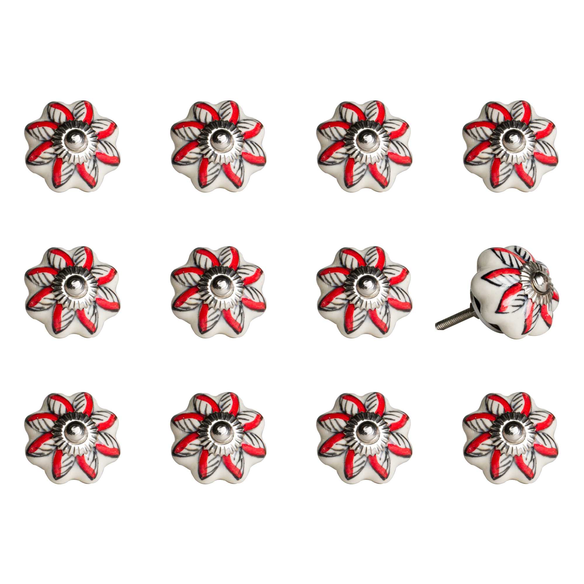 Set of Twelve Red And White Floral Ceramic Drawer Pull Knobs-1