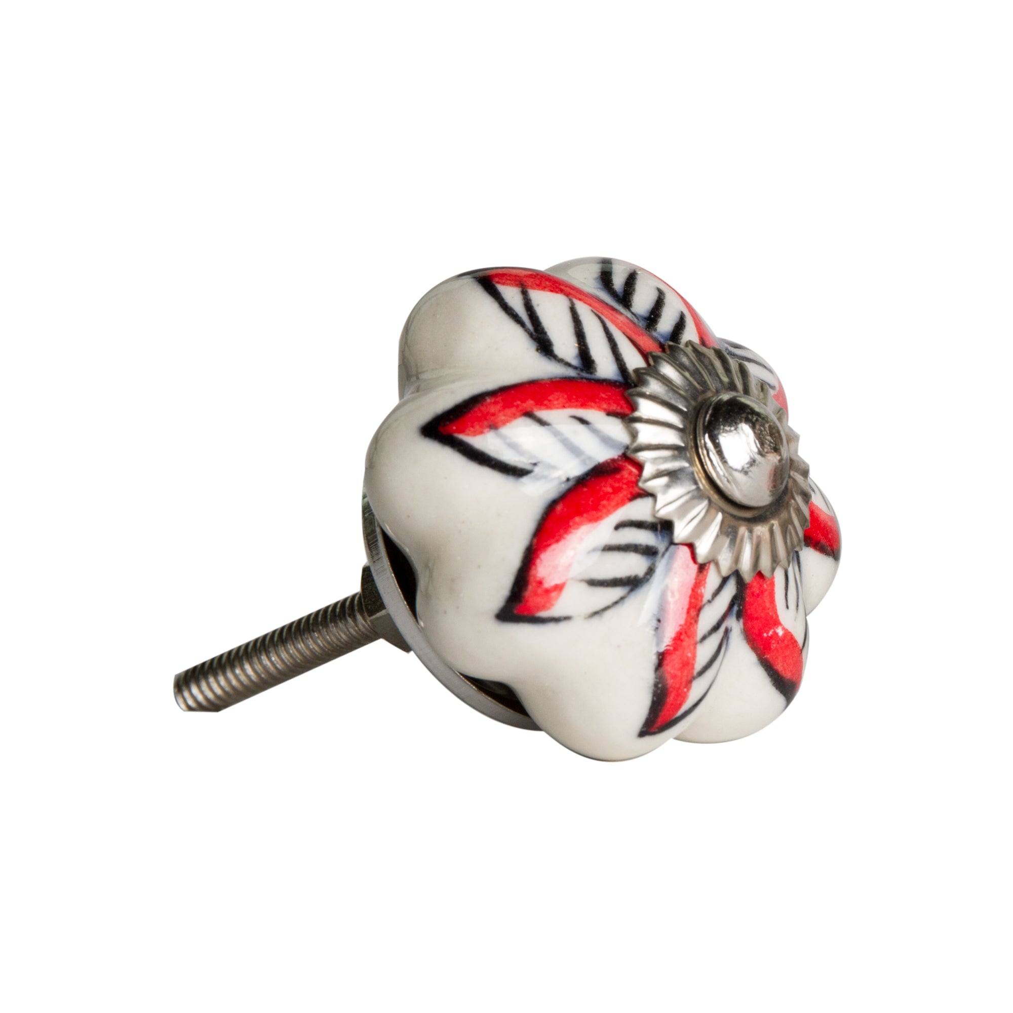 Set of Twelve Red And White Floral Ceramic Drawer Pull Knobs-3