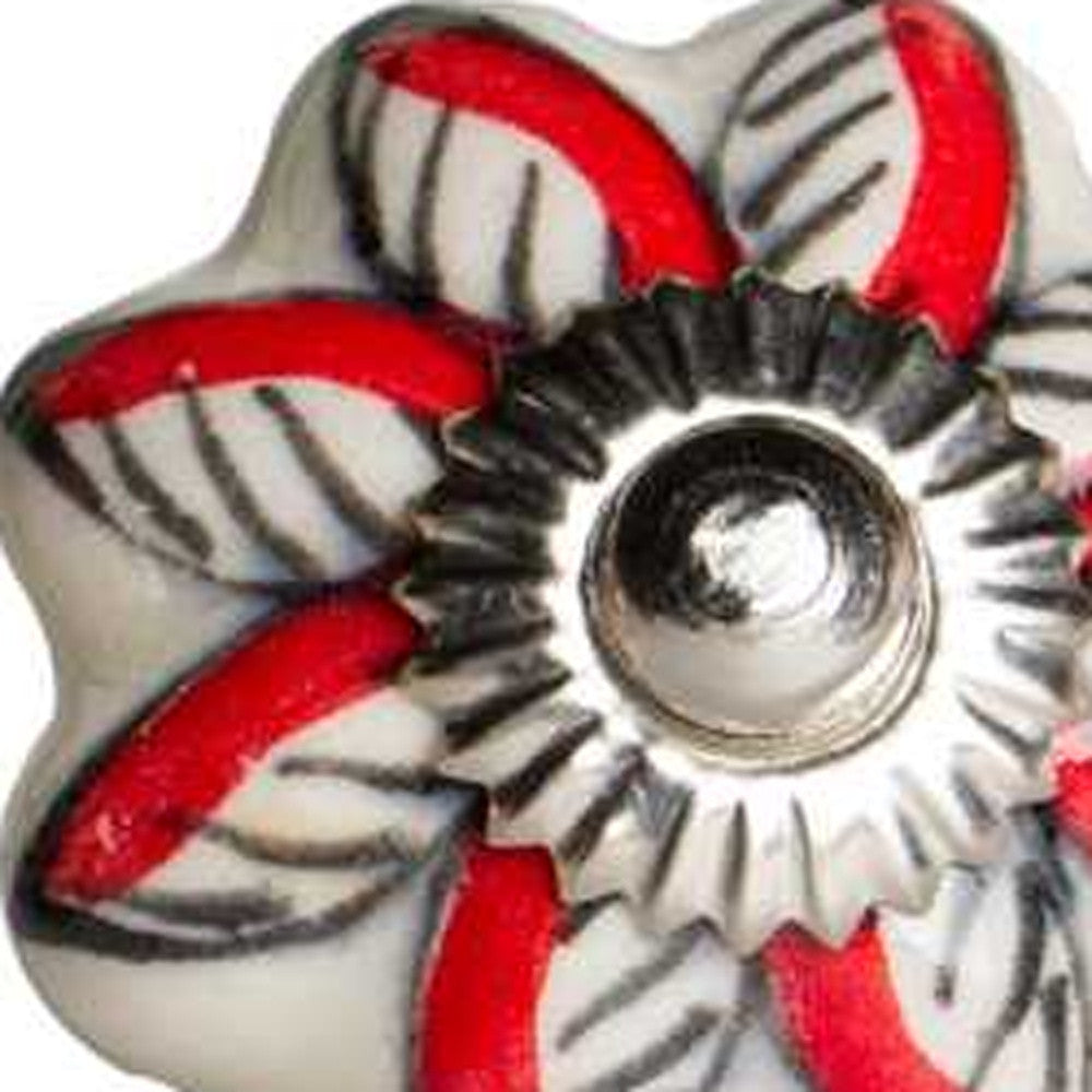 Set of Twelve Red And White Floral Ceramic Drawer Pull Knobs-4