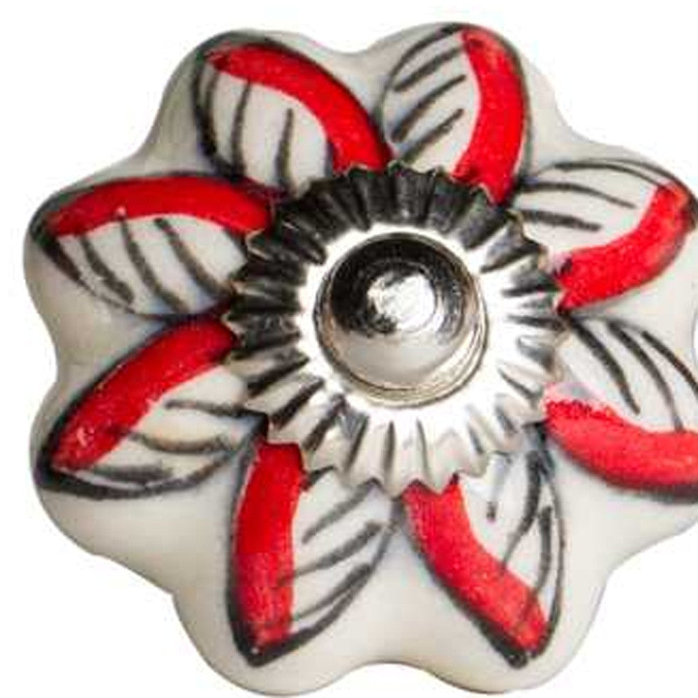 Set of Twelve Red And White Floral Ceramic Drawer Pull Knobs-5