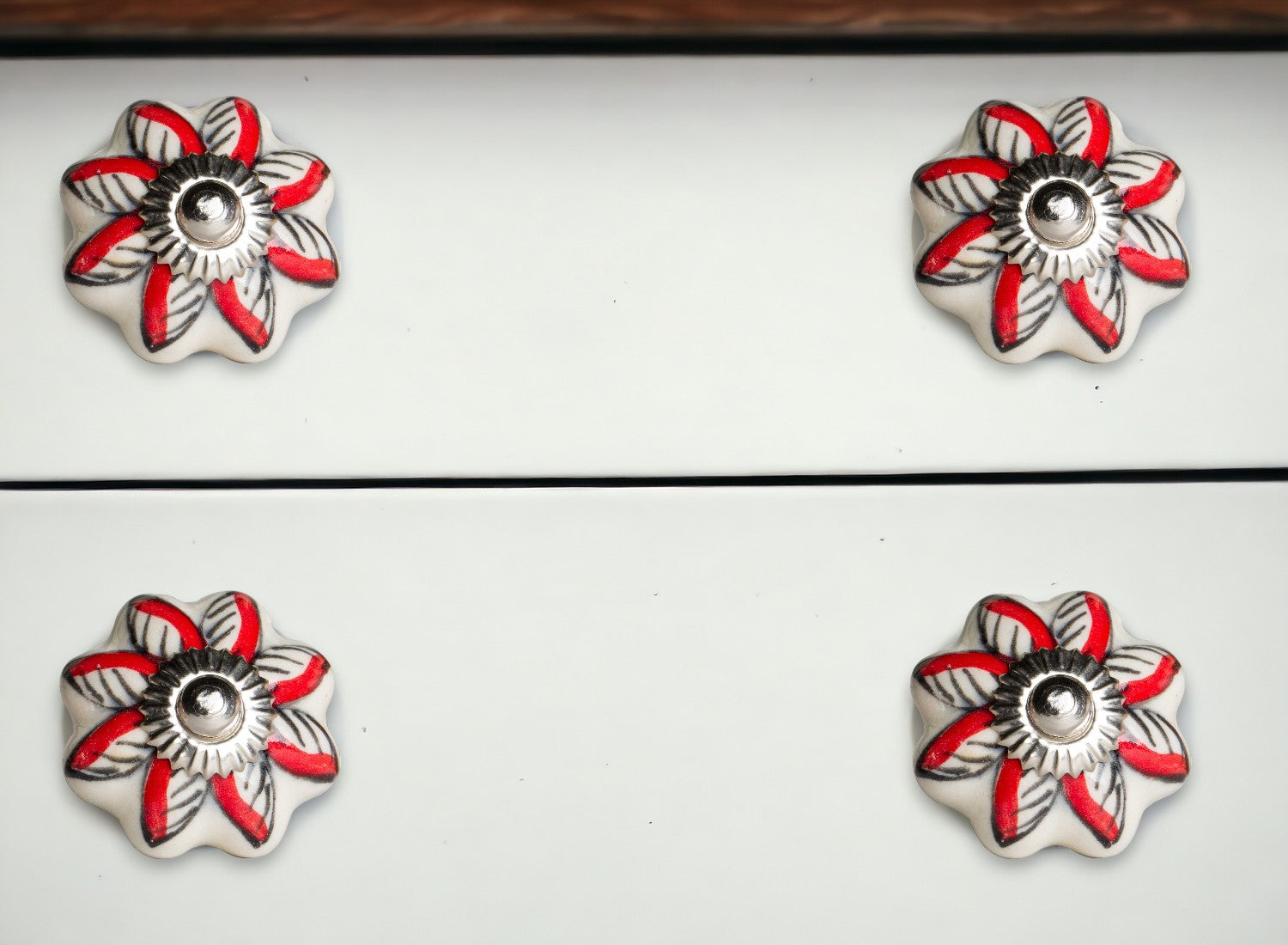 Set of Twelve Red And White Floral Ceramic Drawer Pull Knobs-0