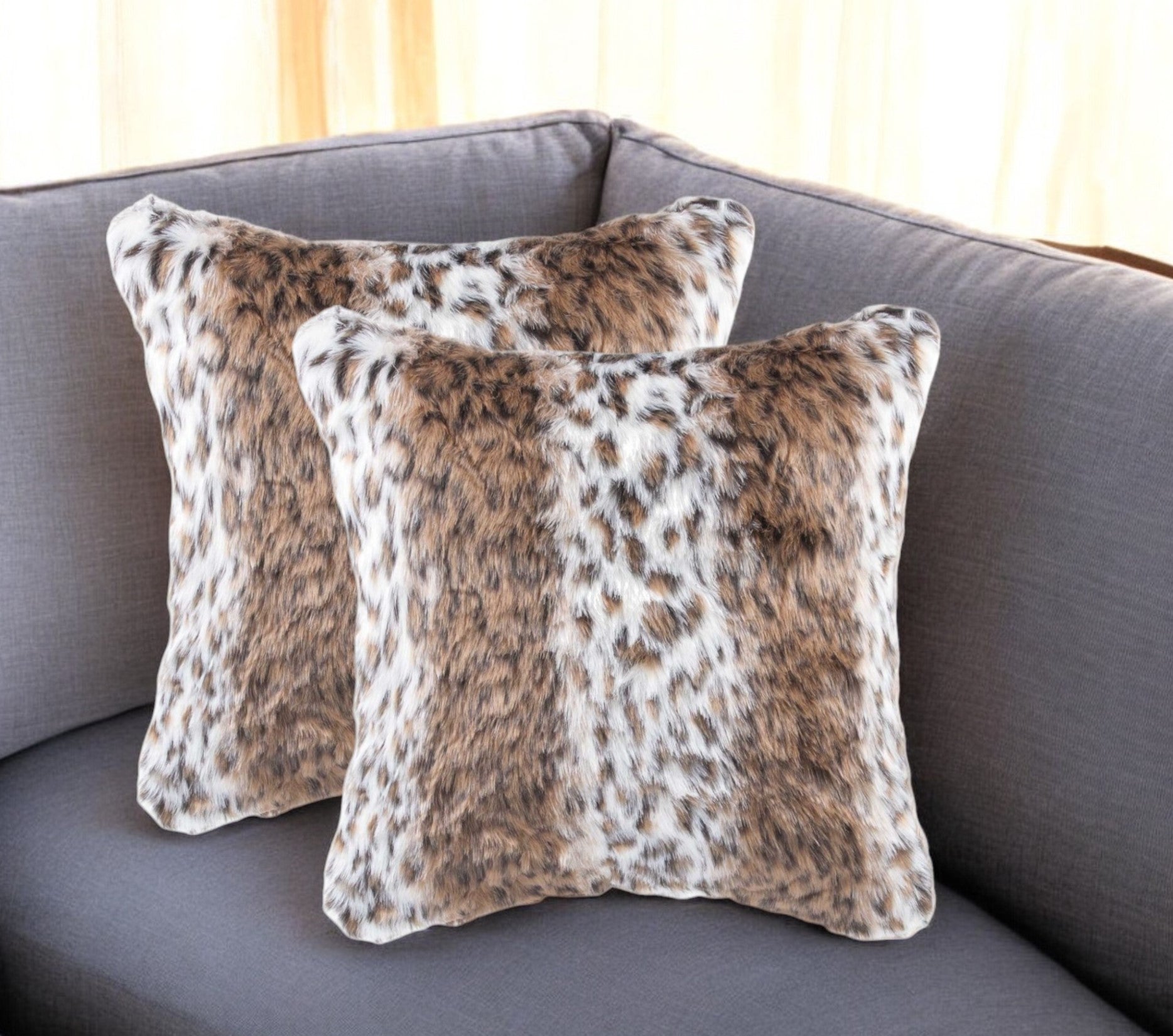 Set of Two 18" Brown White And Black Faux Fur Throw Pillows-0