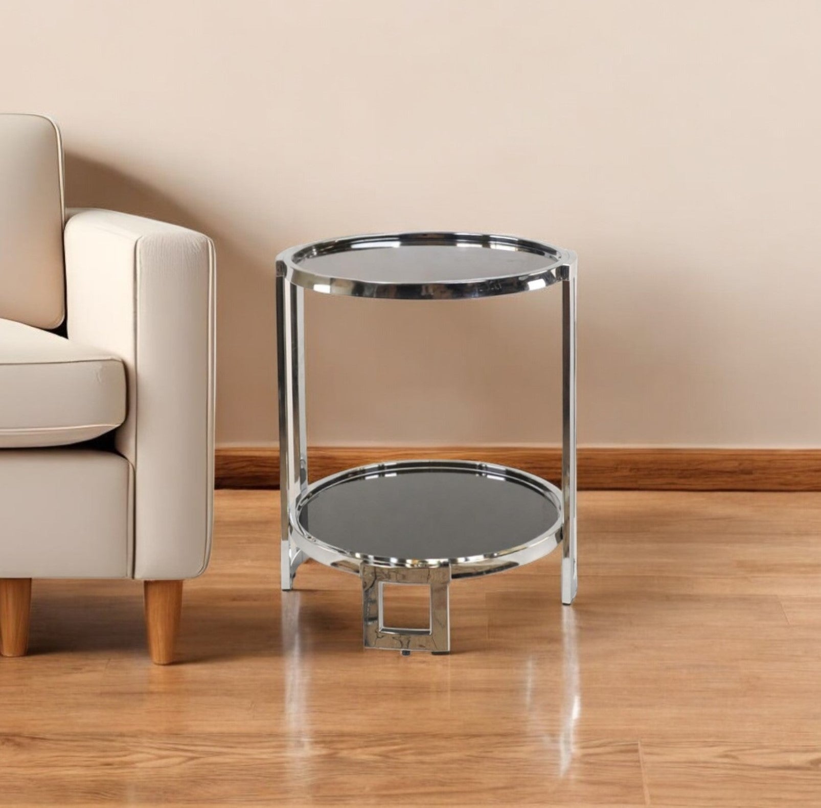 22" Silver Glass Round Mirrored End Table With Shelf-0